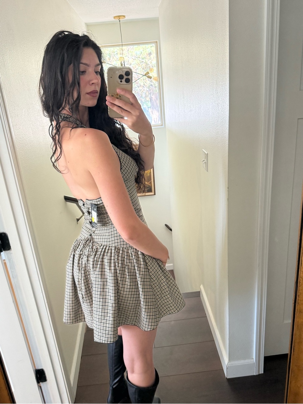 Backless Halter Plaid Mini Dress in Black and White - Picture 2 of 7